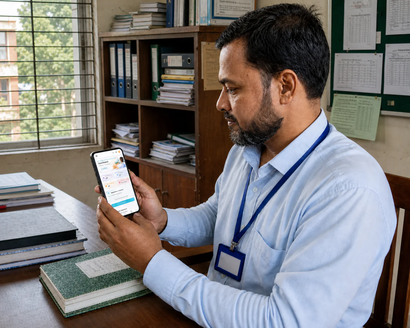 A Bangladeshi male teacher using the Rofasware School mobile dashboard